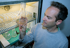 Tracy Mincer with microbe culture flask