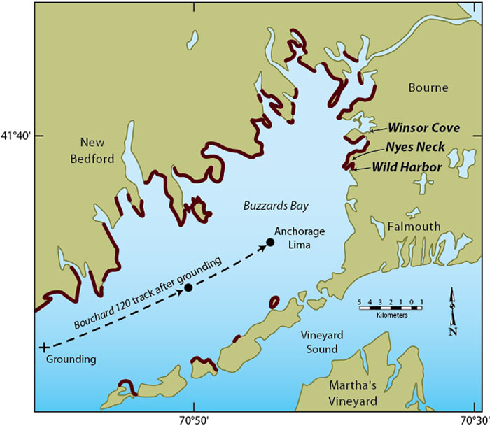 Bouchard 120 spill washed up on the shoreline of Buzzards Bay