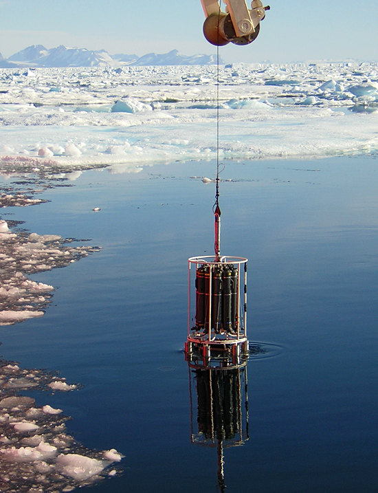 A conductivity/temperature/depth (CTD) rosette being lowered into the current.