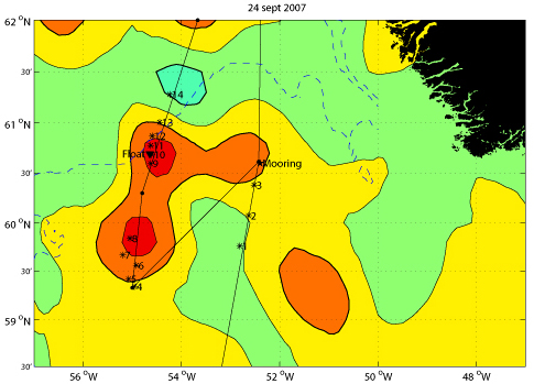 This figure shows the probable locations of several Irminger Rings in color shading. The data are from a satellite that measures sea surface height. Just like high and low pressure systems in the atmosphere, eddies have high and low pressure at their centers. The Irminger Rings are noted by high pressure, or high sea surface height, indicated here by red colors.