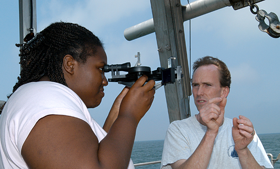 Tioga Captain Ken Houtler teaching Summer Student Fellow DeAnna McCadney how to use a sextant.