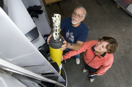 Amy Bower and Jim Valdes check out a Profiling Float.