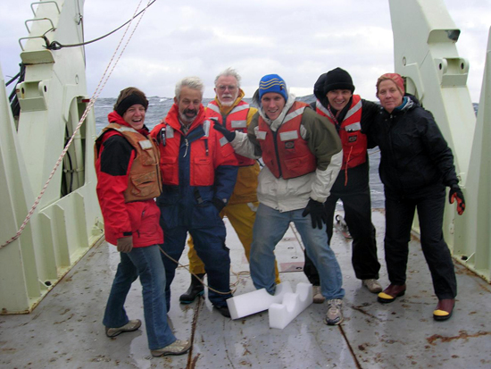 The science crew of R/V Knorr Cruise KN192-01. From left to right: Chief Scientist Amy Bower, Senior Engineering Assistant Will Ostrom, Senior Engineer Jim Valdes, WHOI graduate student Dave Sutherland, freelance writer Donovan Hohn, Perkins School science teacher Kate Fraser.