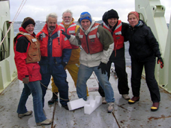The science crew of R/V Knorr Cruise KN192-01. From left to right: Chief Scientist Amy Bower, Senior Engineering Assistant Will Ostrom, Senior Engineer Jim Valdes, WHOI graduate student Dave Sutherland, freelance writer Donovan Hohn, Perkins School science teacher Kate Fraser.