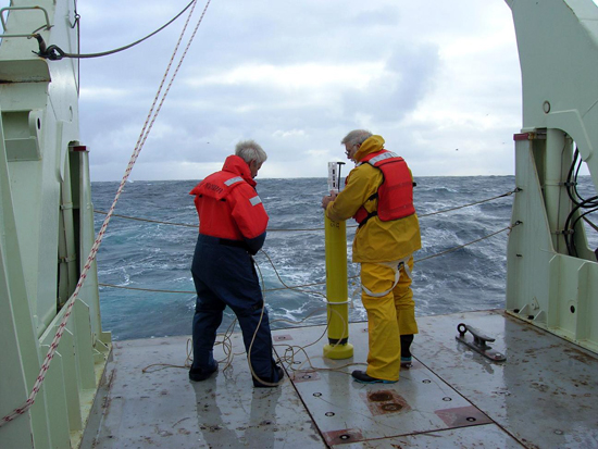 Will Ostrom and Jim Valdes prepare to launch the last profiling float into an eddy. 