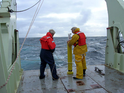 Will Ostrom and Jim Valdes prepare to launch the last profiling float into an eddy. 