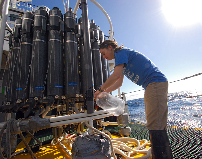 WHOI's Laura Sofen assists with water sampling during a recent cruise to the North Atlantic led by Associate Scientist Benjamin Van Mooy.