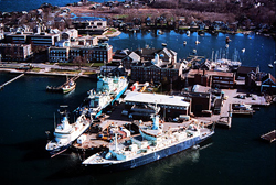 hree research ships at the WHOI dock
