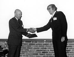1979 Henry Bryant Bigelow Medal recipient Wolfgang Helmut Berger (right) accepts the award from former Chairman of the Board, Charles Francis Adams (left). (Photo courtesy of WHOI Archives)