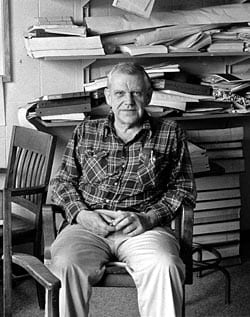 Henry Stommel, pictured in 1979 in his Clark lab office, was described as a "prodigious man" in a 650-page volume that celebrated his 60th birthday. "Evolution of Physical Oceanography: Scientific Surveys in Honor of Henry Stommel", edited by Bruce Warren and Carl Wunsch (MIT), lauded Stommel's immense influence on the development of physical oceanography. "He is a theorist of extraordinary creativity," they wrote," an astute observer willing to spend weeks at sea, and an ingenious laboratory experimentalist of the sealing-wax-and-string school, and he has been an inspiring, if sometimes bewildering, teacher to a generation of graduate students." (Photo by Vicky Cullen, Woods Hole Oceanographic Institution)