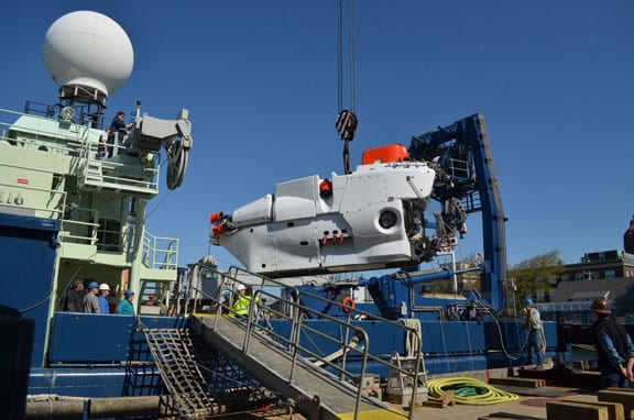 2013: Lifting the upgraded sub back aboard Atlantis (Woods Hole Oceanographic Institution)