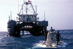 Alvin and its first tender, the 105-foot catamaran Lulu, which was built in 1965 in Woods Hole using surplus Navy mine sweeping pontoons. (Woods Hole Oceanographic Institution)