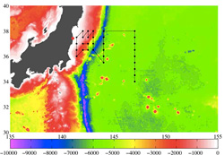 Our revised cruise track superimposed over depth contours for the seafloor east of Japan readily shows the deep Japan Trench in dark blue.