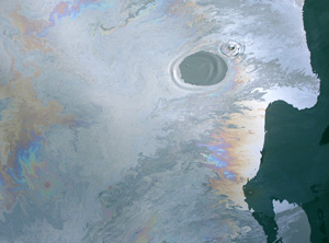 A fresh oil slick from the Deepwater Horizon spill, during June 2010.  Note that one drop of detergent was added to the oil slick, forming the cleared circle.