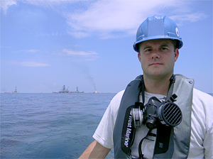 WHOI research associate Sean Sylva at the scene of the disaster.