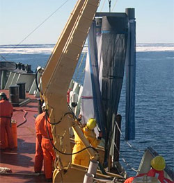 The bongo net being deployed by Amanda Byrd using the forward A-frame.