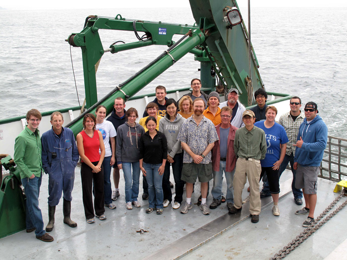 Science crew and members of ship's crew who could make it on the back deck of R/V KOK entering Tokyo Bay.