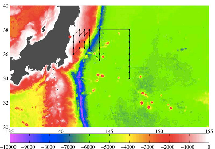 Our revised cruise track superimposed over depth contours for the seafloor east of Japan readily shows the deep Japan Trench in dark blue.