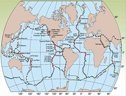 Known sites of hydrothermal venting along mid-ocean ridges