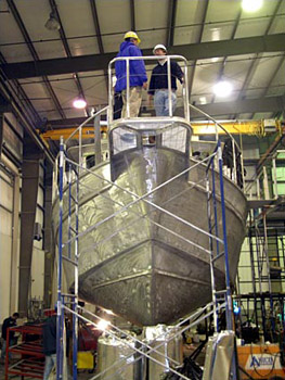 hull, pilothouse, railings, and working platform/bowsprit in place