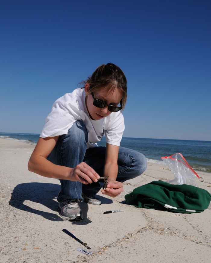 Catherine Carmichael collecting samples on the beach
