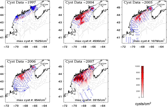 maps of Alexandrium cysts by year