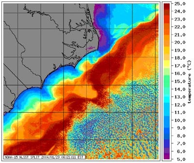 A satellite image showing a sharp thermal front over the continental shelf near Cape Hatteras.