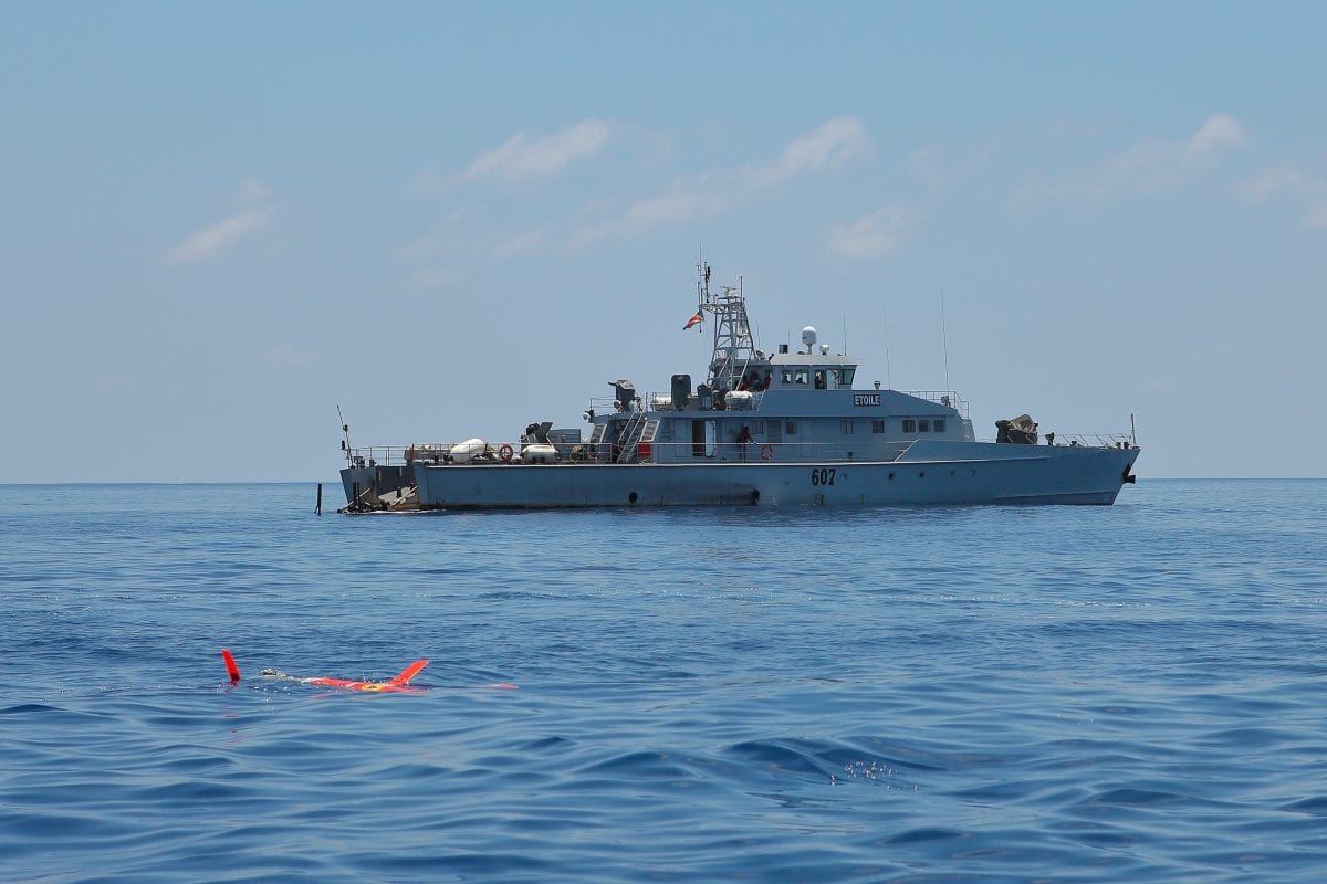 A Spray underwater glider on the surface just after deployment from Seychelles Coast Guard Patrol Ship Etoile in the western equatorial Indian Ocean.