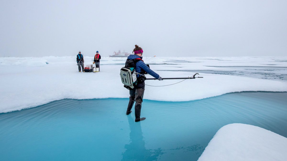 Assistant Scientist Maddie Smith measures the albedo of summer sea ice in the Central Arctic.