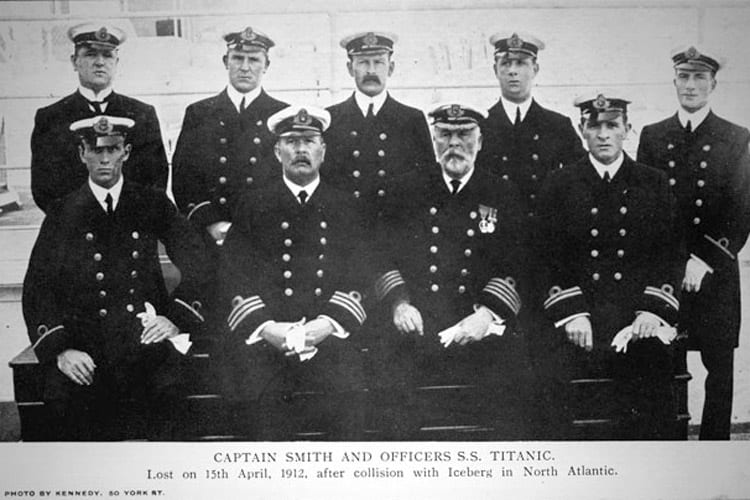 Captain Edward Smith (seated third from left), officers and crew of the Titanic