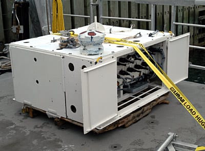 This ADCP and the instrument platform it is mounted on are anchored to the seafloor at a coastal observatory off of the southern shore of Martha's Vineyard. The ADCP measures water movements in the 40 feet of water above it and sends continuous data to the observatory's shore lab. (Jayne Doucette)