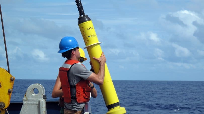 <strong>Argo float</strong><br />
An Argo float about to be deployed from a research vessel. (Photo © Woods Hole Oceanographic Institution)