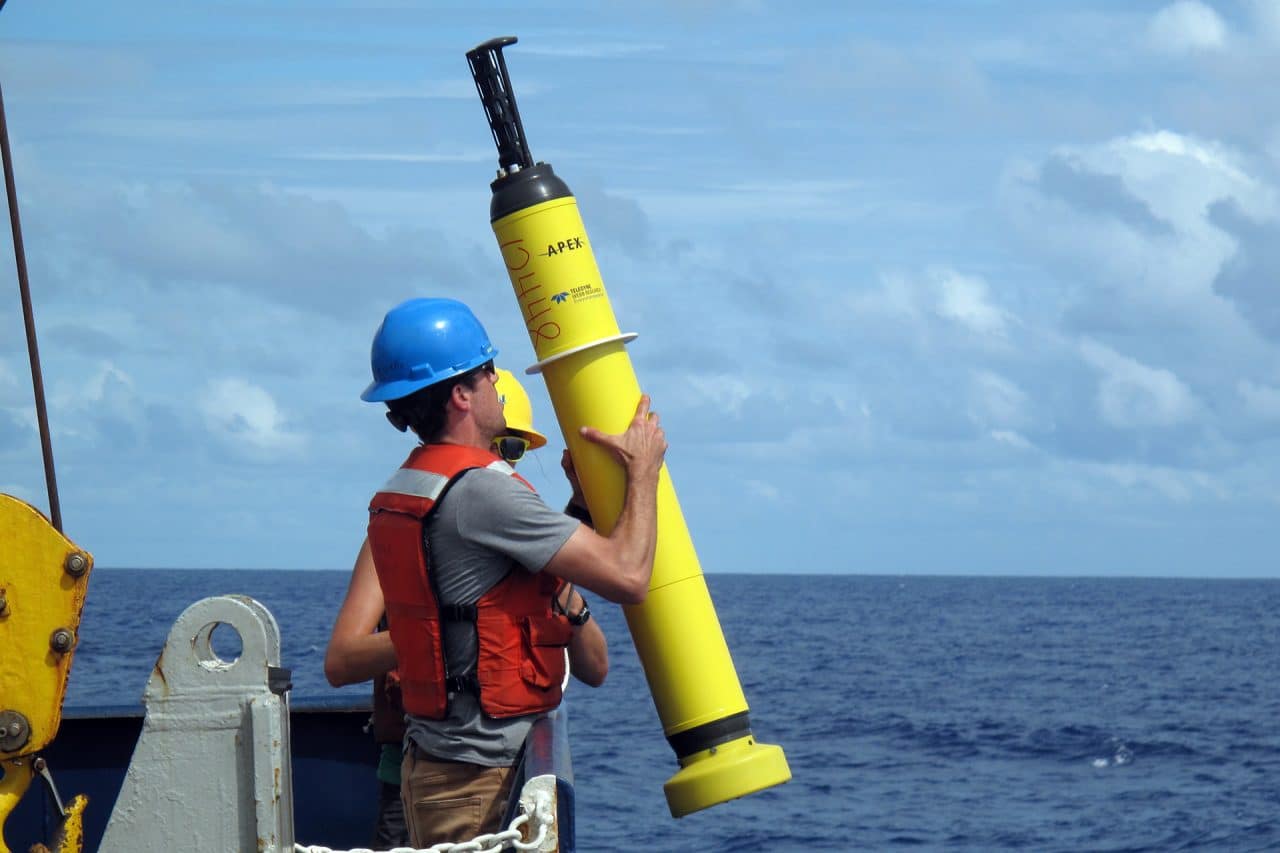 <strong>Argo float</strong><br />
An Argo float about to be deployed from a research vessel. (Photo © Woods Hole Oceanographic Institution)