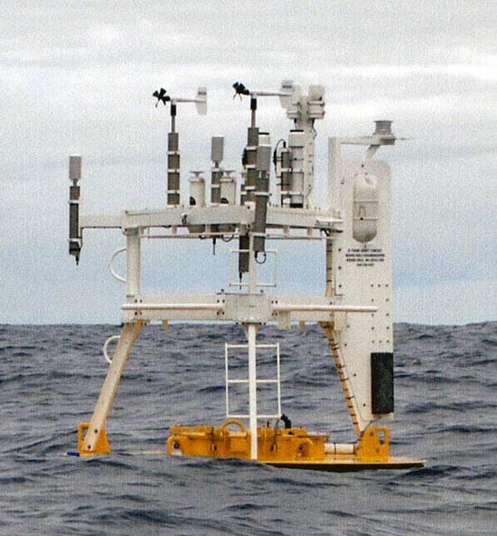 A buoy ready for recovery at the STRATUS site off Chile in the Pacific Ocean. The aluminum buoy is riding low in the water after a year at sea - one good reason why Surlyn foam buoys, which don't leak, are now routinely used.The skies are nearly always overcast in this region, making it difficult to study the ocean surface with satellites. ASIMET buoys provide continuous data that would be nearly impossible to acquire otherwise. (Photo courtesy Robert Weller, WHOI)