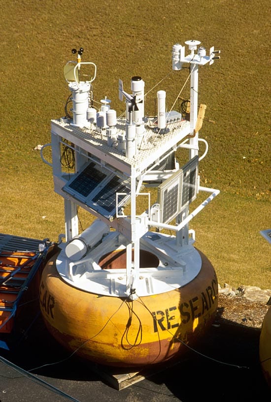 Over the years, tower tops were enlarged to make room for instruments. But the fiberglass grillwork was eventually abandoned because it disturbed airflow over the sensors. (Photo courtesy Robert Weller, WHOI)