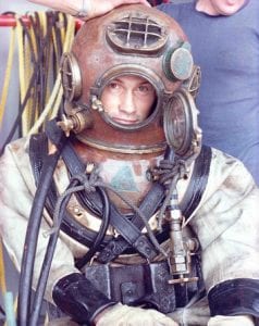 Former WHOI Dive Safety Officer Terry Rioux on a Mark V Helmet, 1978.