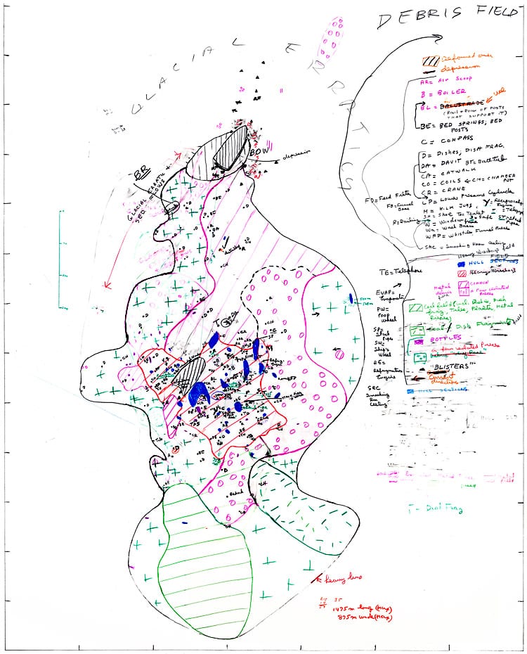 hand drawn map of the wreck and surrounding debris field