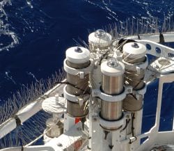 Longwave and shortwave radiation sensors attached to WHOTS 2006 buoy. (Photo by Sean Whelan, Woods Hole Oceanographic Institution)