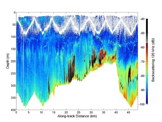 Sample data from 6 hours of a BIOMAPER survey in Antarctica. Greater scattering, drawn in black to red colors, indicates more or larger particles. The white zigzag at top is the 6-m blindspot on either side of BIOMAPER as it tow-yoed through the water. At bottom left and right the water was deeper than BIOMAPER's sonar range; white space at center is the ocean bottom. The darkest colors reflect dense patches of krill, one patch nearly 3 km (1.8 miles) long, containing perhaps 66 billion individual krill. (graph by Gareth Lawson, WHOI)