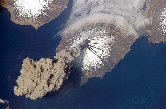 An erupting volcano in Alaska. (Photo courtesy of NASA)