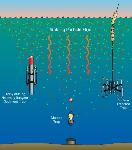 Three sediment trap designs. The original funnel design uses a large collection area to sample marine snow that falls to great depths. Surface waters contain enough sediment that traps there don?t require funnels. Neutrally buoyant, drifting sediment traps catch falling material instead of letting it sweep past in the current. Drawings are not to scale.