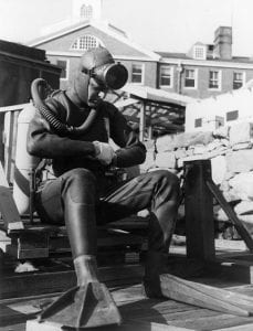 WHOI's dive officer David Owen on Cousteau's Aqualung, 1955.