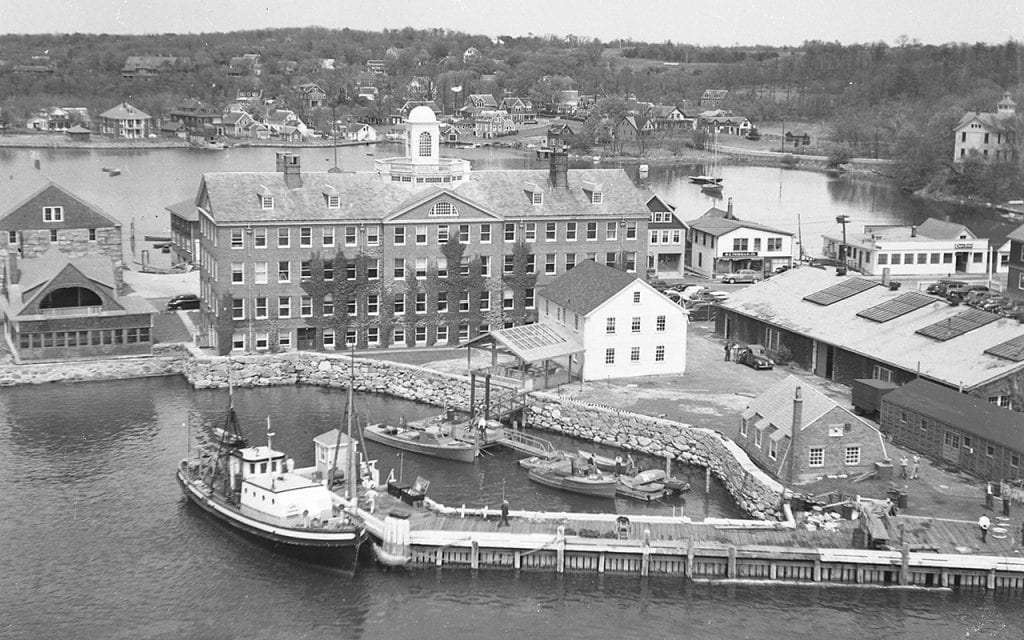 The Iselin Marine Facility, shown here in 1960, was constructed in its current configuration in 1969 to accommodate an expanding fleet. © Woods Hole Oceanographic Institution