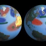 sea surface temperature during El Niño (left) and La Niña (right) episodes