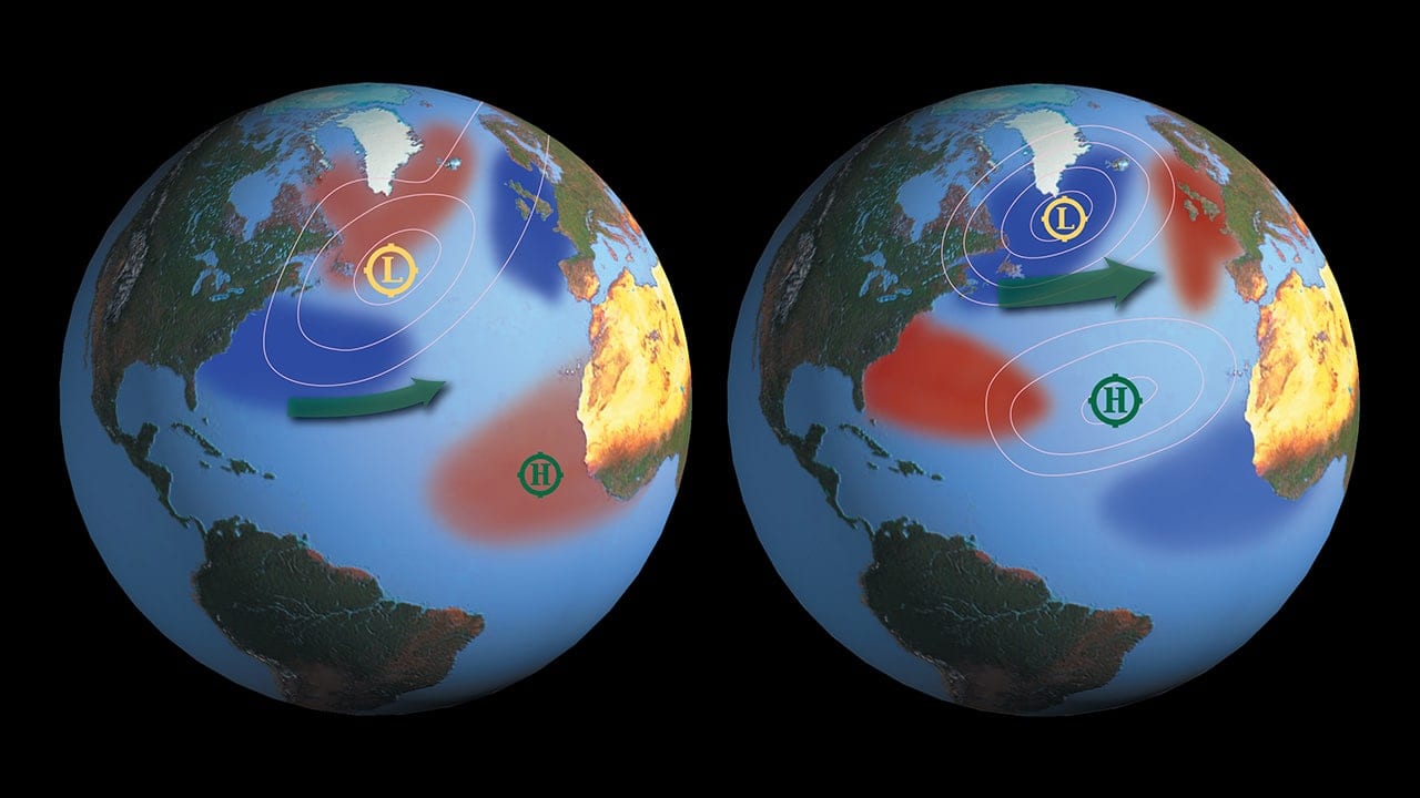 sea surface temperature during El Niño (left) and La Niña (right) episodes