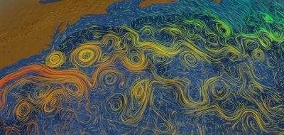 Swirling parcels of water, called ocean eddies, spin off from the warm Gulf Stream.