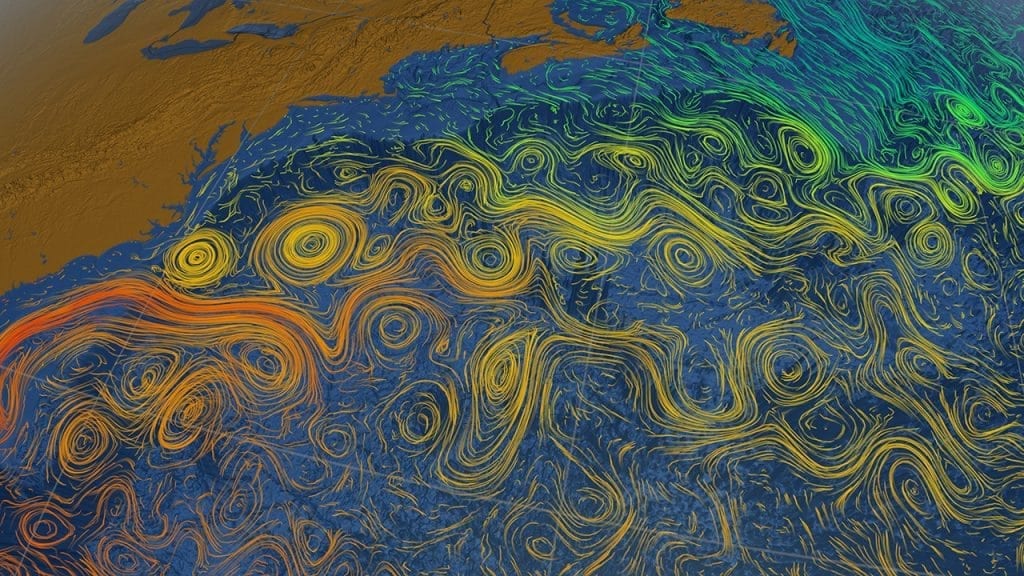 Swirling parcels of water, called ocean eddies, spin off from the warm Gulf Stream.