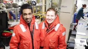 MIT-WHOI Joint Program Student Jessica Dabrowski with MIT EAPS graduate student Mukund Gupta, getting ready for on-deck sampling work in the Arctic.