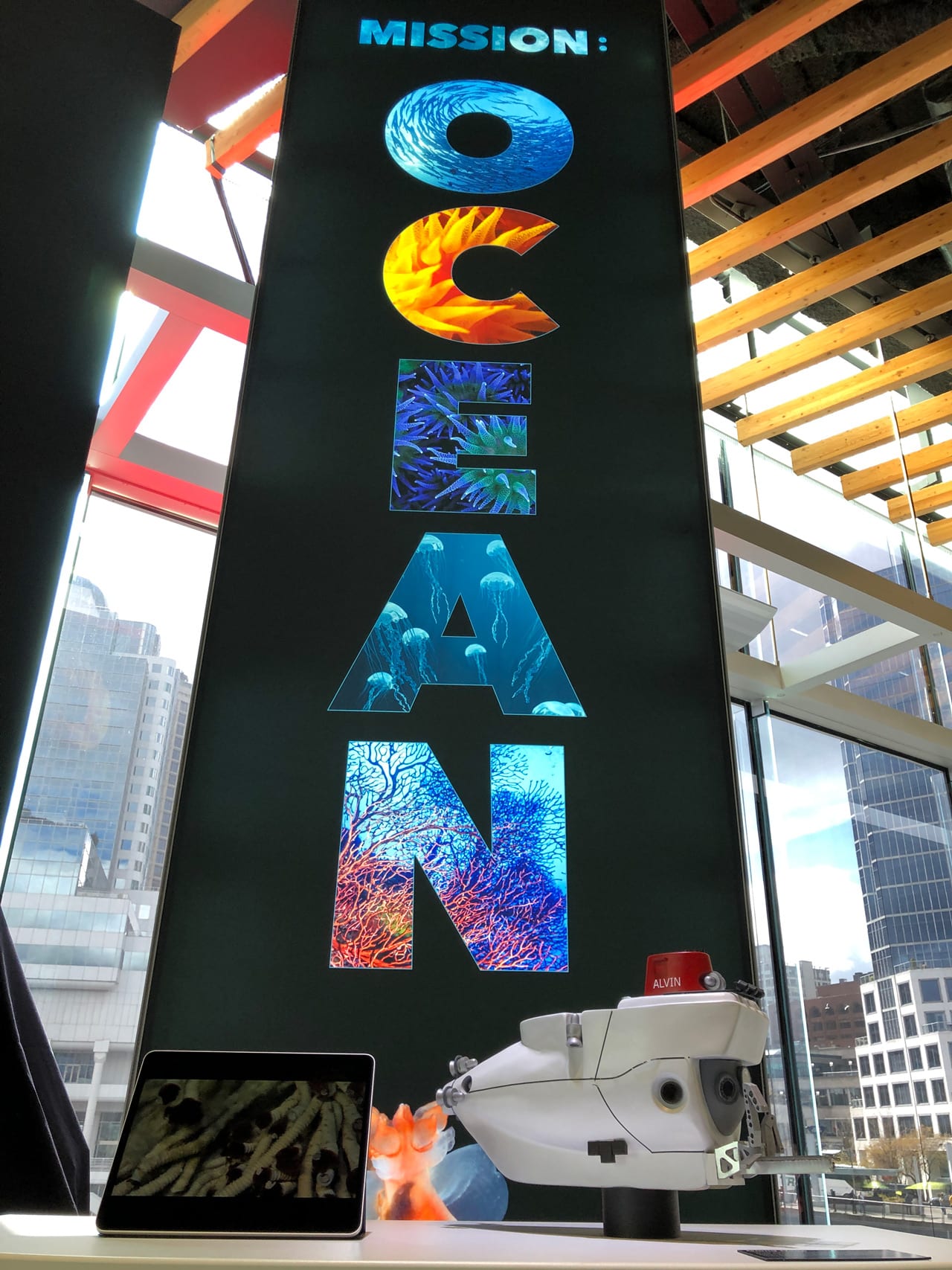 This model of the iconic human occupied submersible Alvin is one of the displays in Mission:Ocean, an immersive installation at the TED 2019. The exhibit is a collaboration between WHOI, OceanX, and the BBC, supported and designed by the Avatar Alliance Foundation. The real Alvin is operated by WHOI for the oceanographic community and completed its 5,000th dive late last year. (Photo by Sam Harp, Woods Hole Oceanographic Institution)