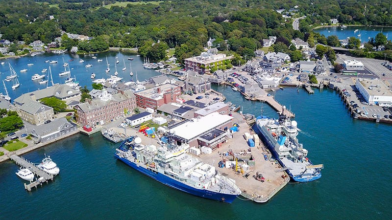 The Iselin Marine Facility, shown here in 1960, was constructed in its current configuration in 1969 to accommodate an expanding fleet. © Woods Hole Oceanographic Institution